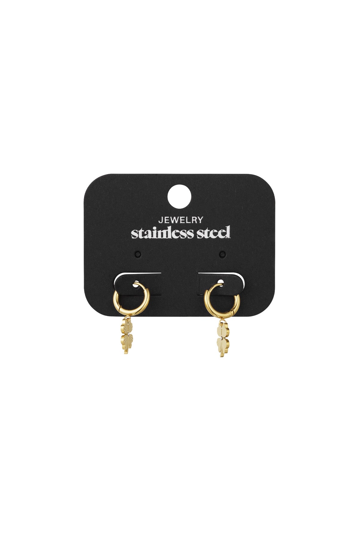 Gold-tone four-leaf clover hoop earrings on black jewellery card labelled stainless steel