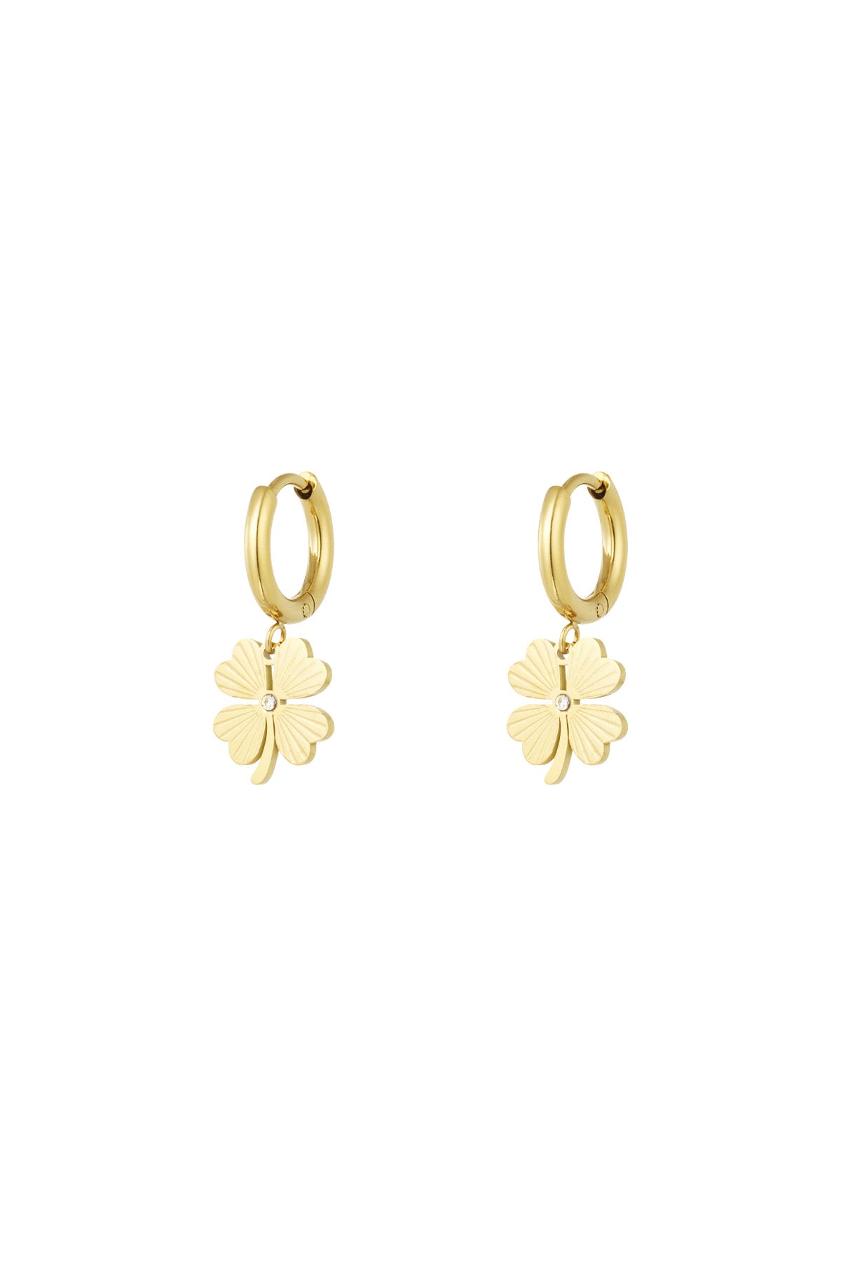 Pair of gold-tone stainless steel hoop earrings with dangling four-leaf clover charms featuring crystal detail
