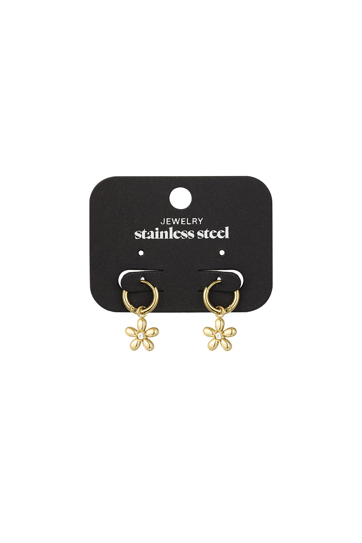 Set of gold flower drop earrings with rhinestone centres displayed on a black jewelry card labelled 'stainless steel'