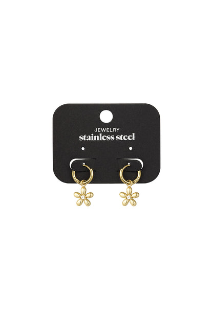 Set of gold flower drop earrings with rhinestone centres displayed on a black jewelry card labelled 'stainless steel'