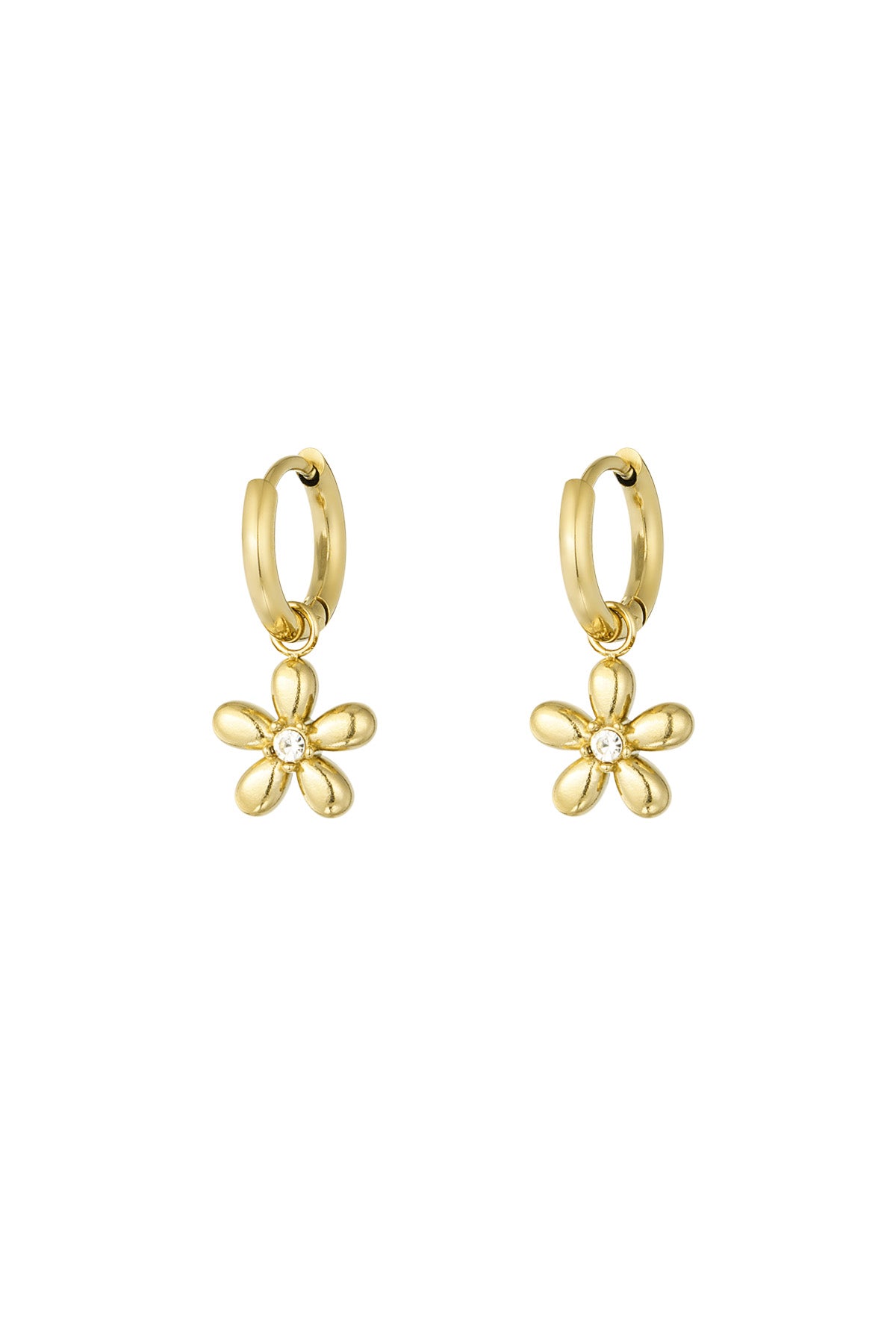 Pair of delicate gold drop earrings with five-petal flower charms and rhinestone centres on small gold hoops, isolated on white background