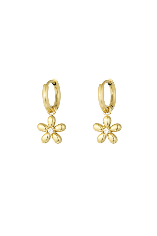 Pair of delicate gold drop earrings with five-petal flower charms and rhinestone centres on small gold hoops, isolated on white background