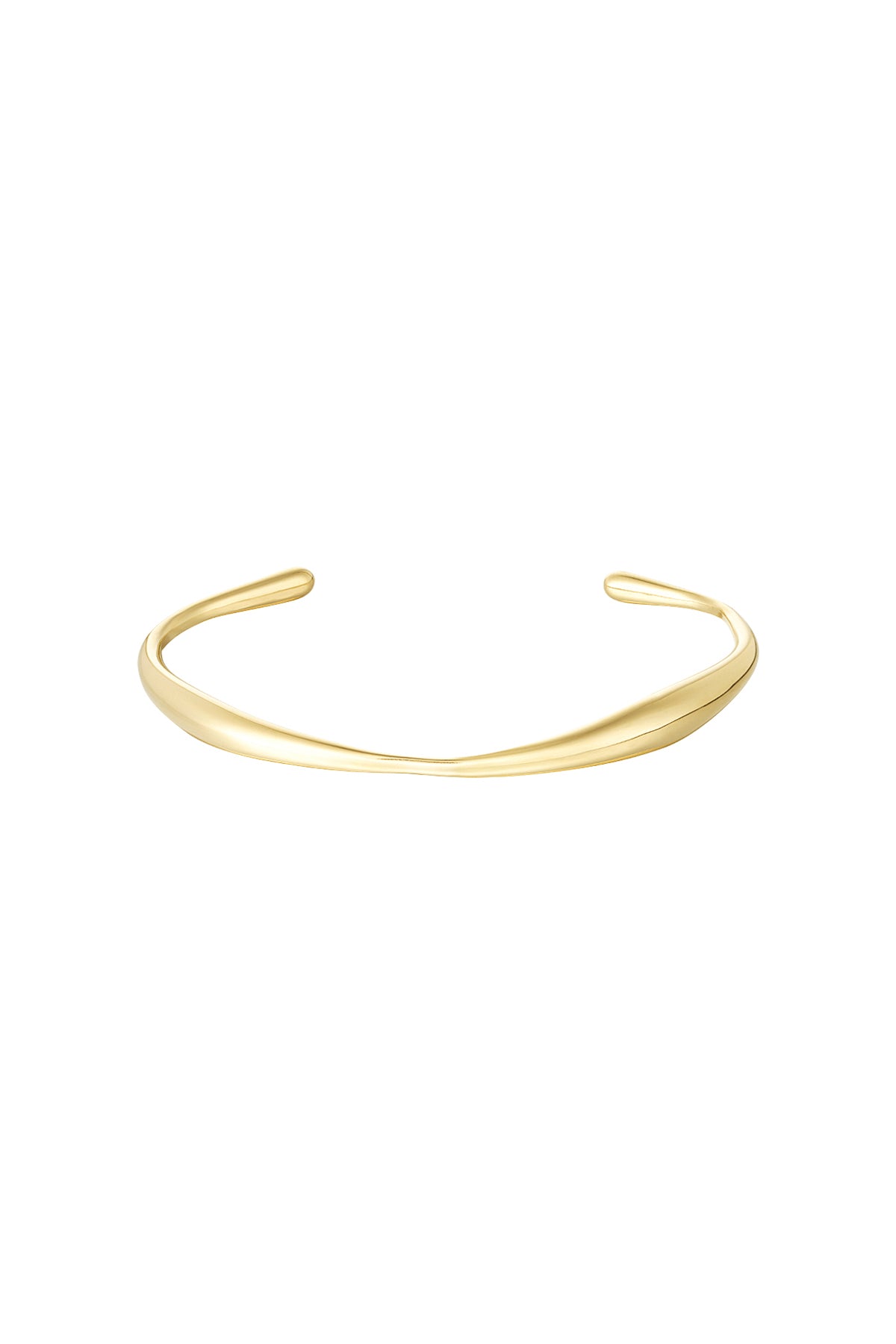 Minimalist gold cuff bracelet with smooth organic curves isolated on white background