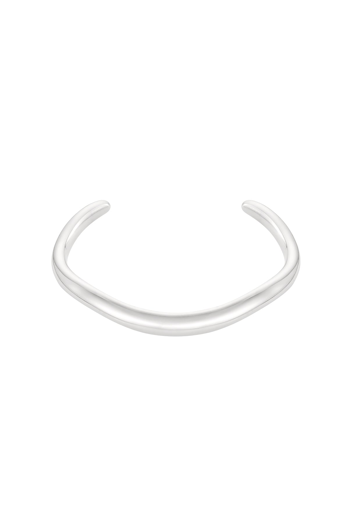 Polished silver minimalist curved cuff bracelet shown on white background