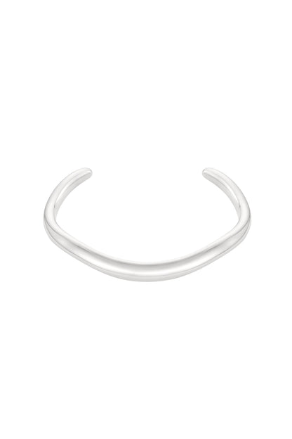 Polished silver minimalist curved cuff bracelet shown on white background