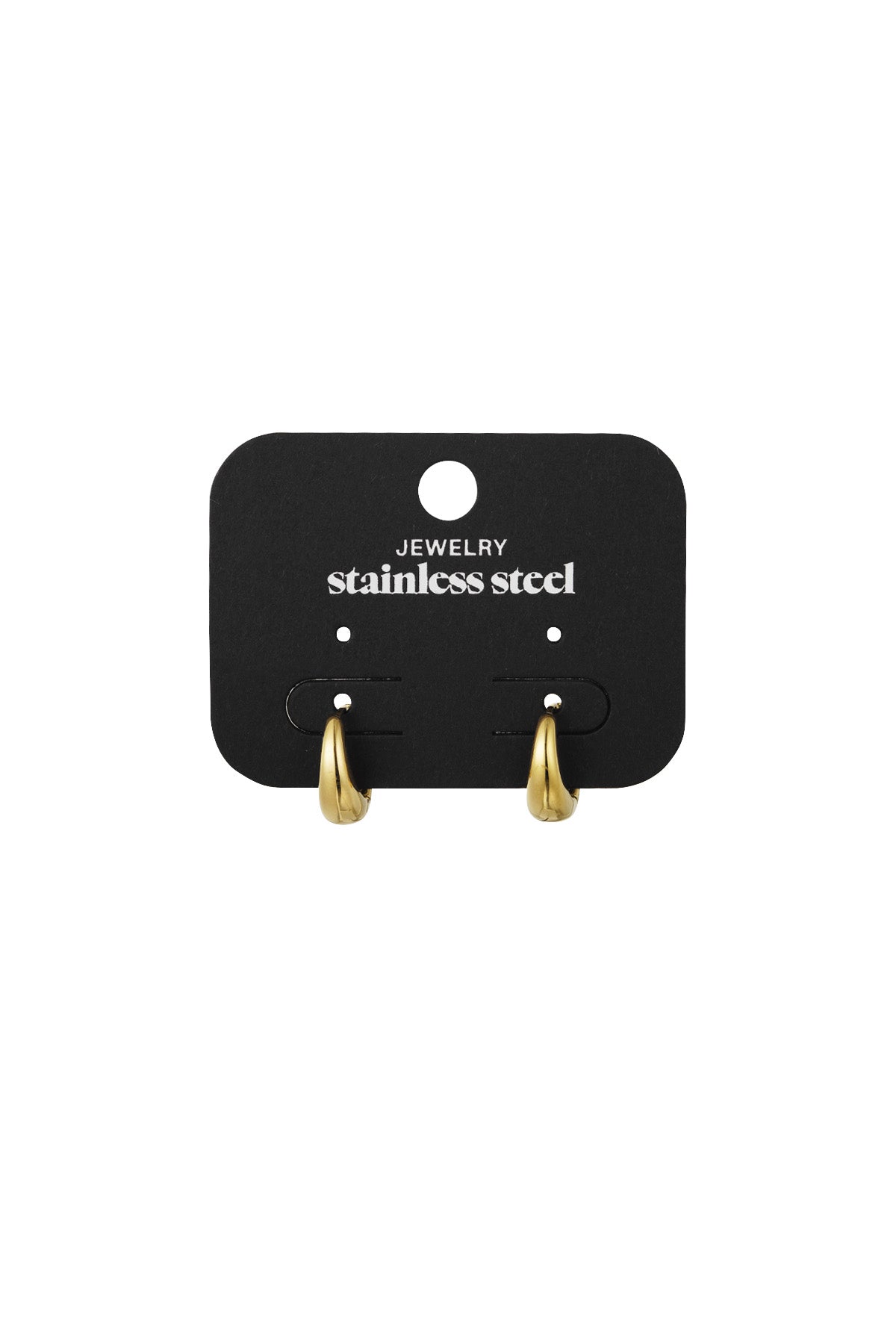 Chunky gold hoop earrings displayed on black jewelry card labeled stainless steel
