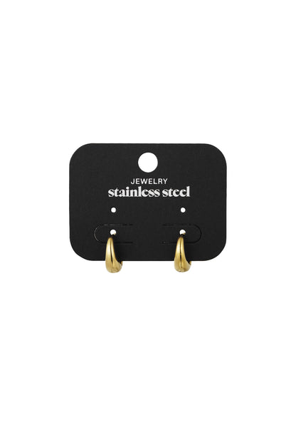 Chunky gold hoop earrings displayed on black jewelry card labeled stainless steel