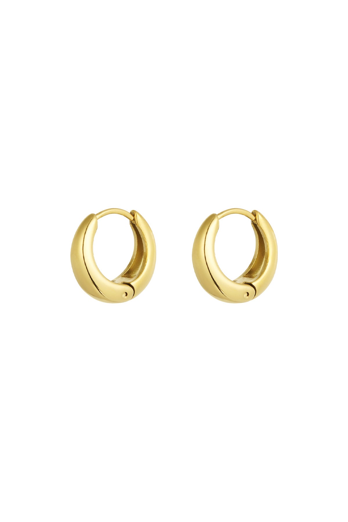 Pair of chunky gold stainless steel hoop earrings with smooth rounded edges on white background