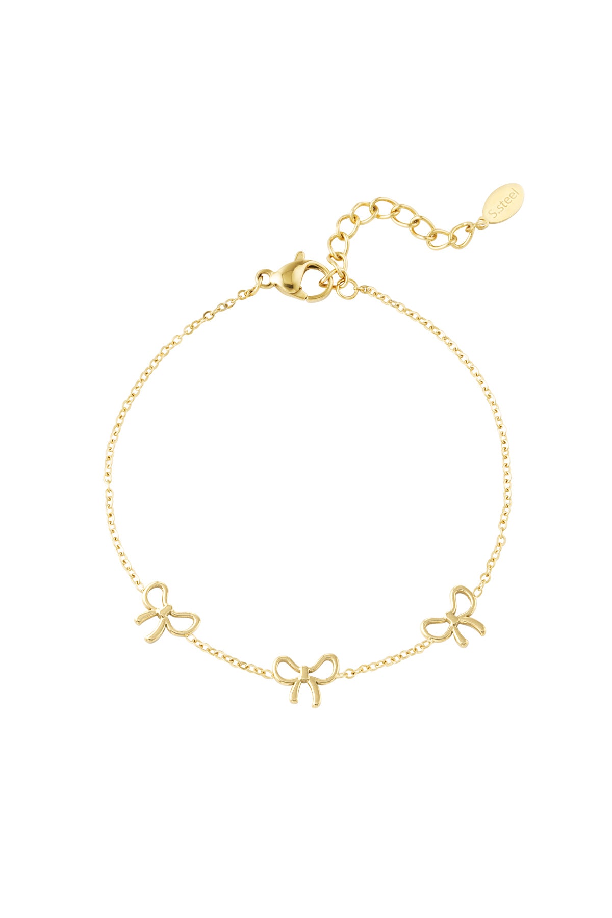 Gold-tone delicate bow charm bracelet with three bow pendants and adjustable chain clasp on white background