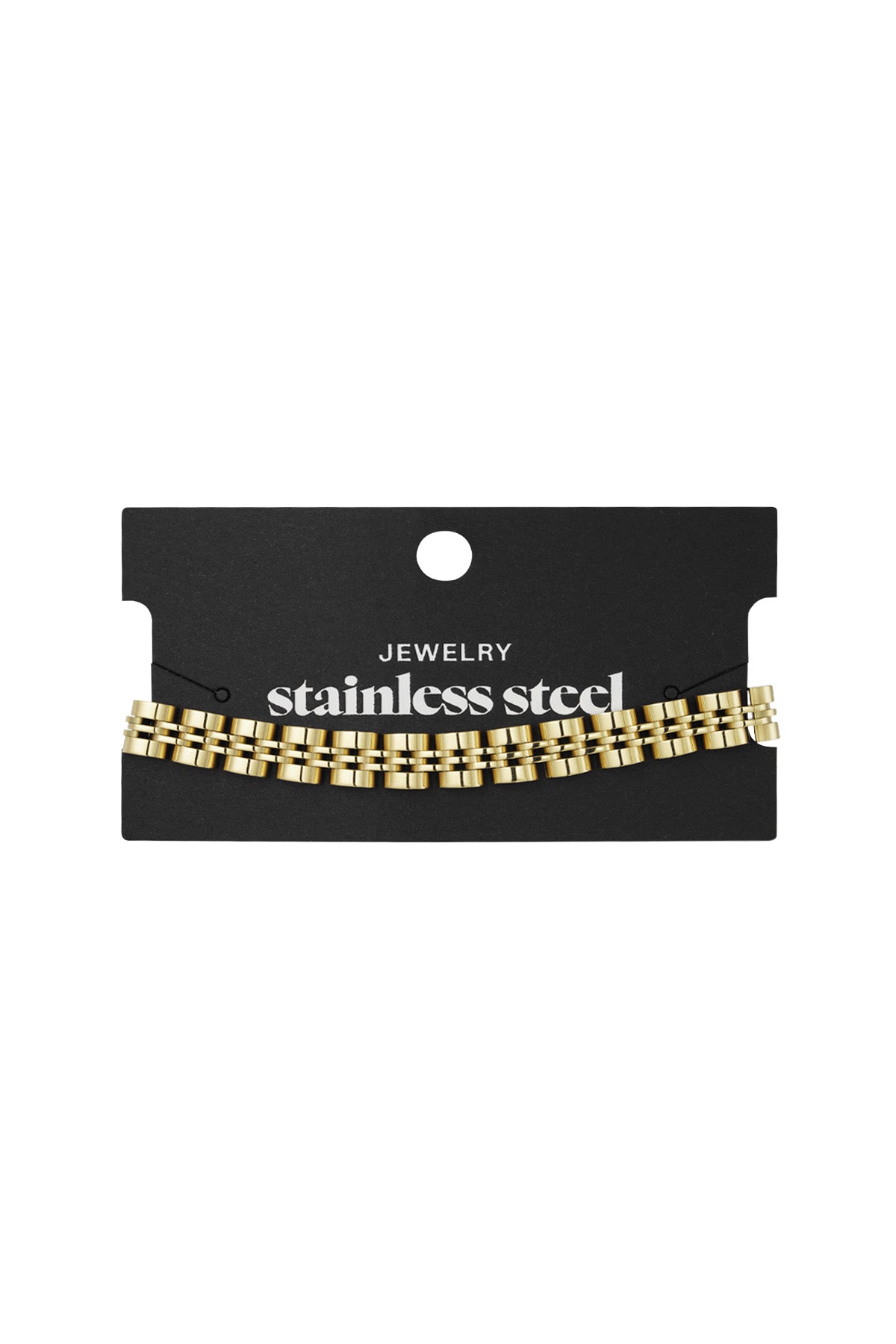 Gold double-row link chain bracelet displayed on black stainless steel jewelry card