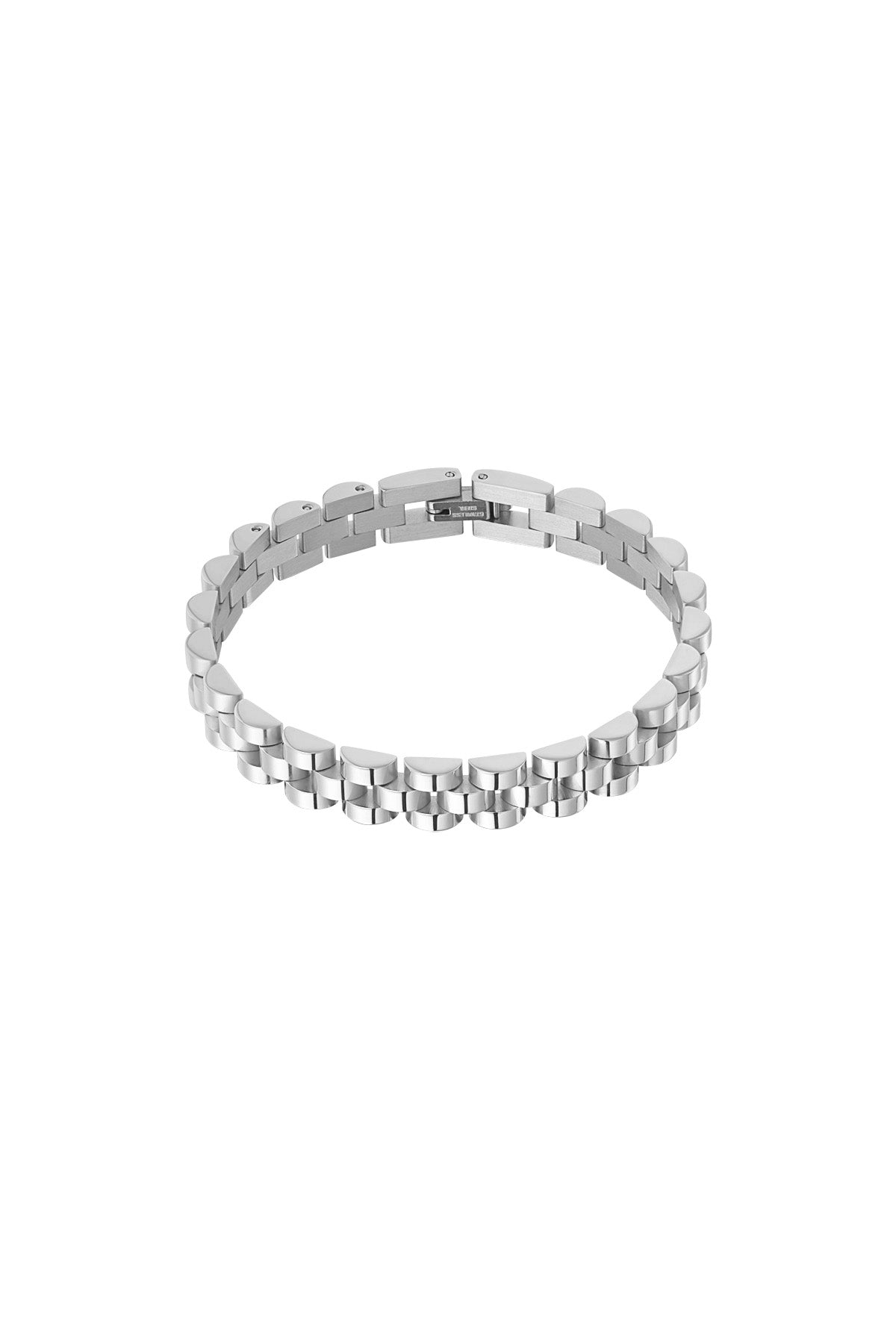 Silver-tone stainless steel chain bracelet close-up, highlighting brushed links