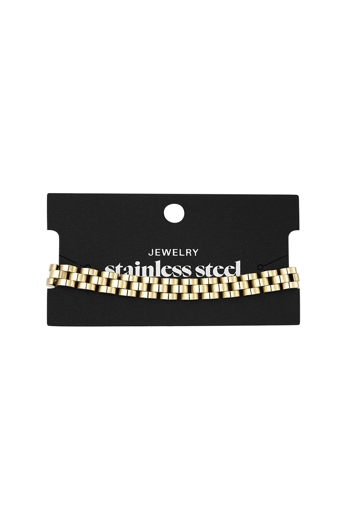 Two-tone gold and silver stainless steel chain bracelet displayed on branded card
