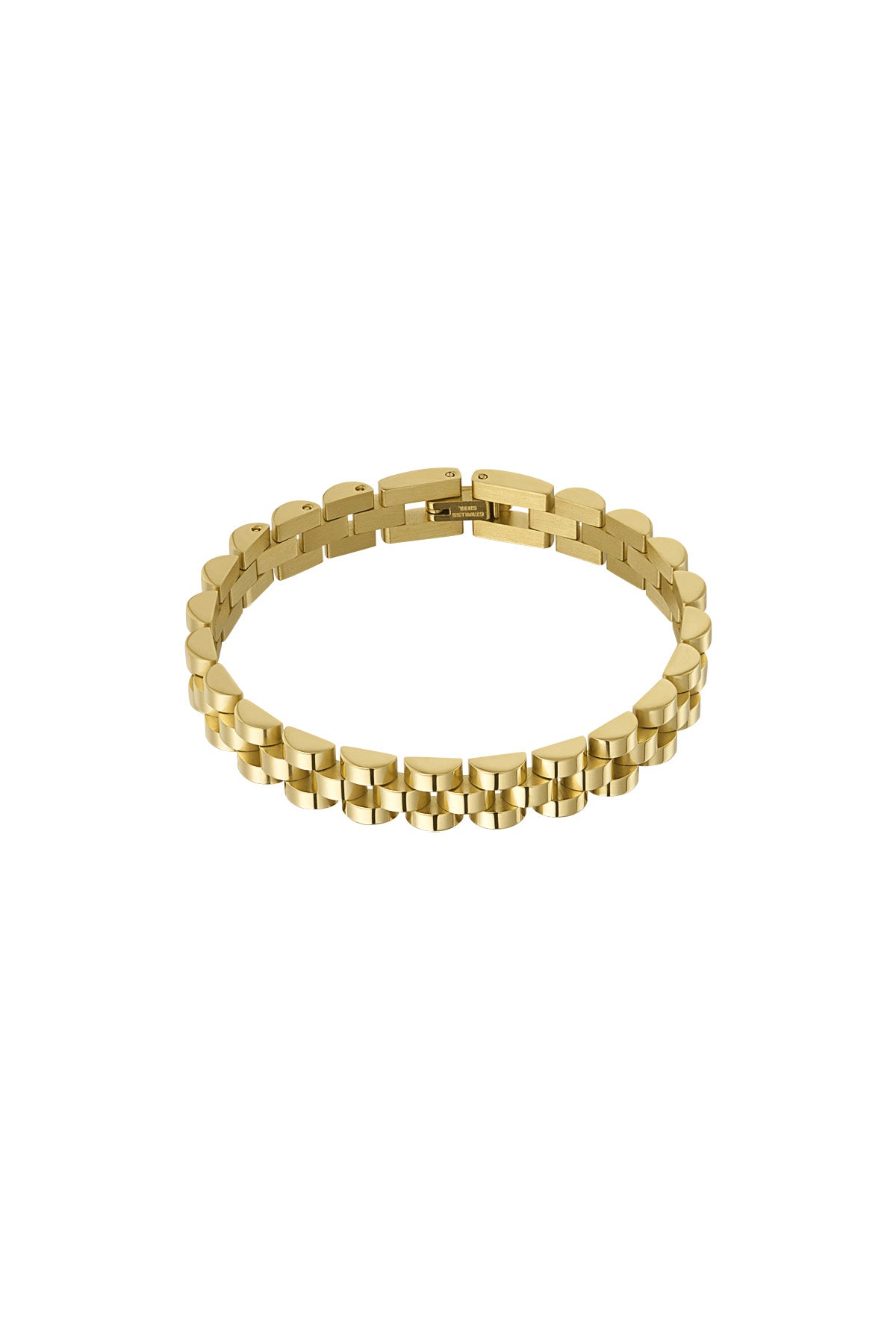 Close-up of shiny gold-tone stainless steel chain bracelet on white background
