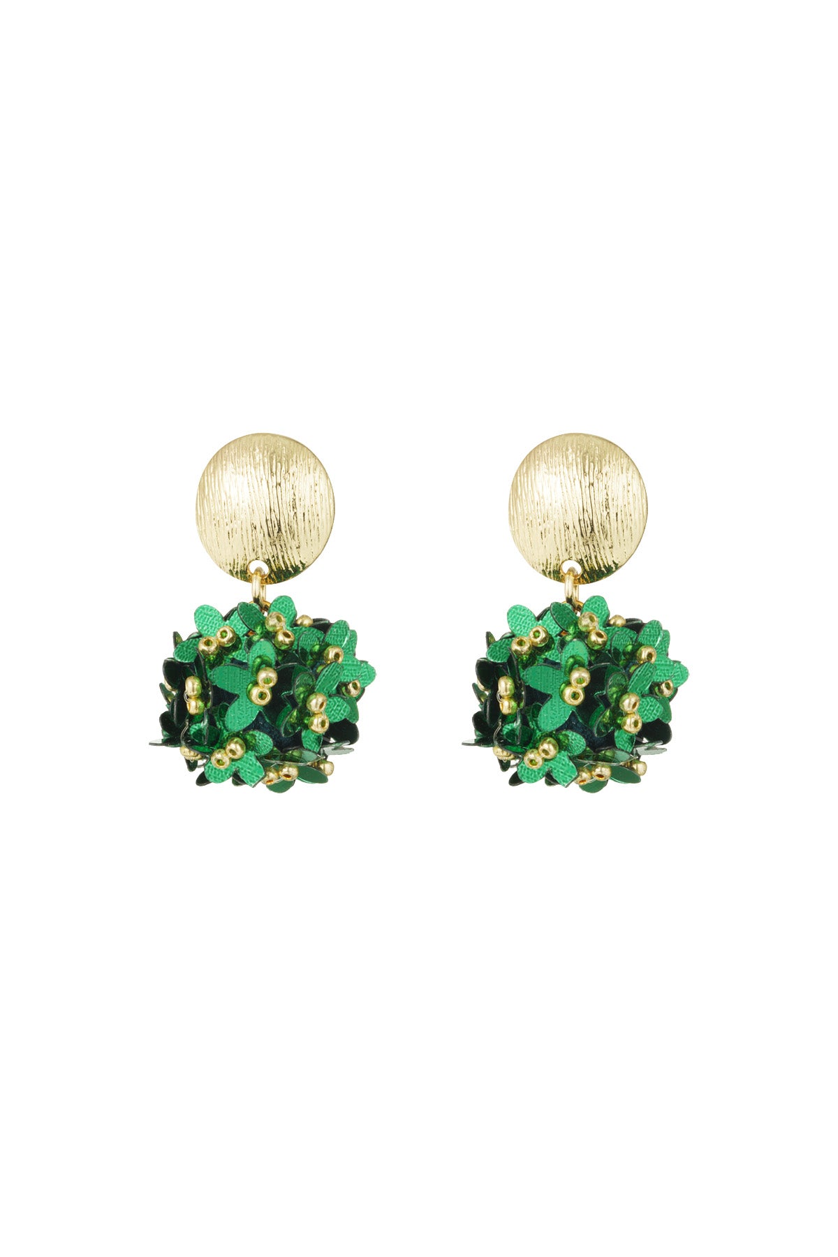 Close-up pair of floral cluster drop earrings with gold-tone textured studs and green flower clusters accented by tiny golden beads.