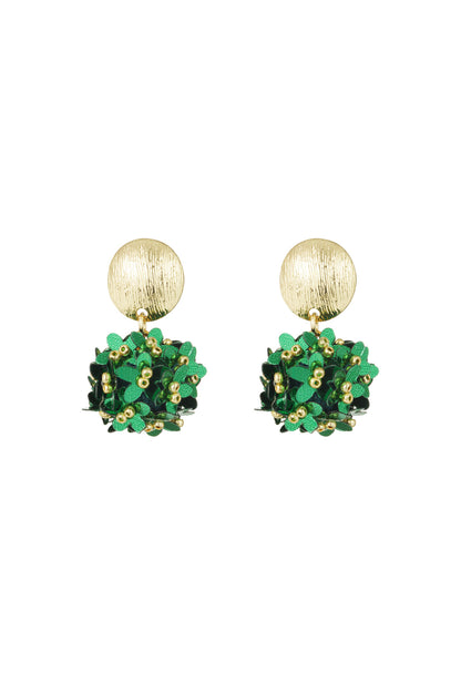 Close-up pair of floral cluster drop earrings with gold-tone textured studs and green flower clusters accented by tiny golden beads.