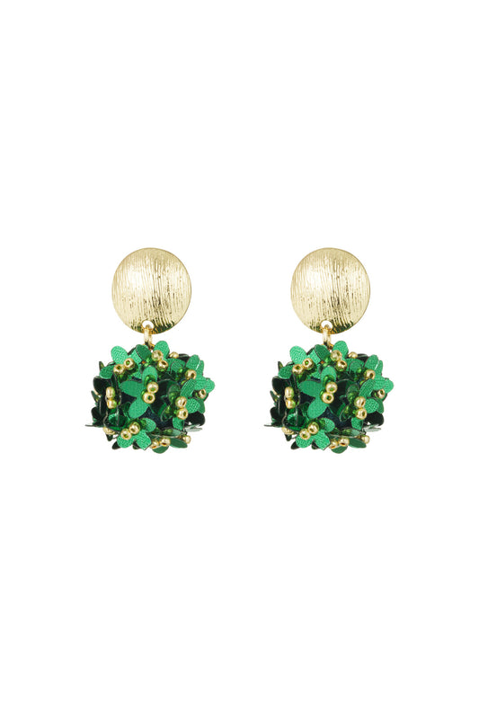 Close-up pair of floral cluster drop earrings with gold-tone textured studs and green flower clusters accented by tiny golden beads.