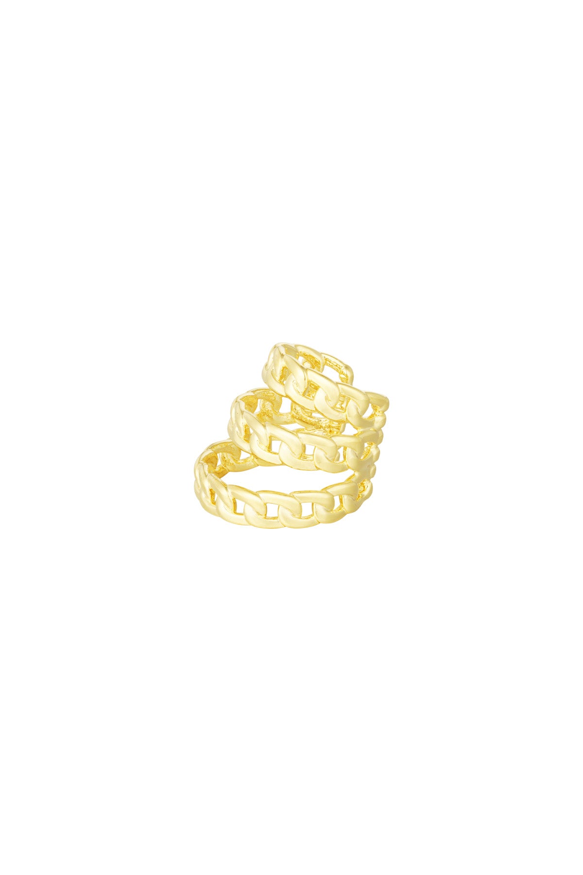 Close-up of gold layered chain link ear cuff on white background