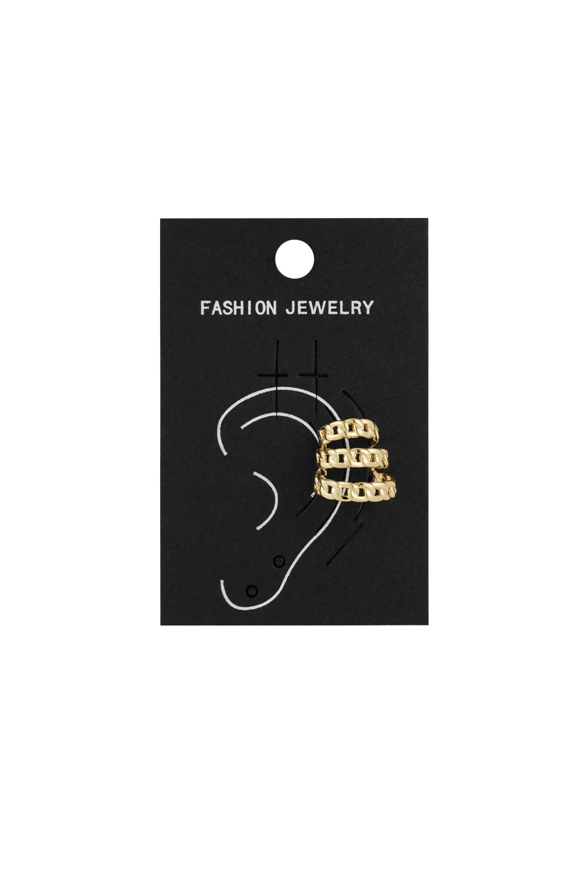 Gold layered chain link ear cuff attached to black card packaging labeled fashion jewelry