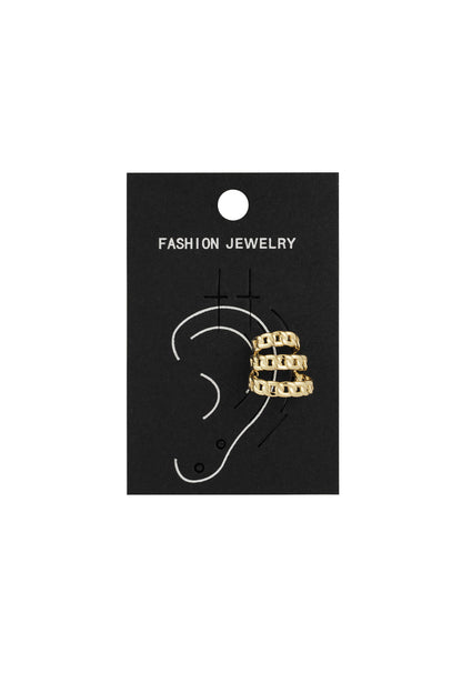 Gold layered chain link ear cuff attached to black card packaging labeled fashion jewelry