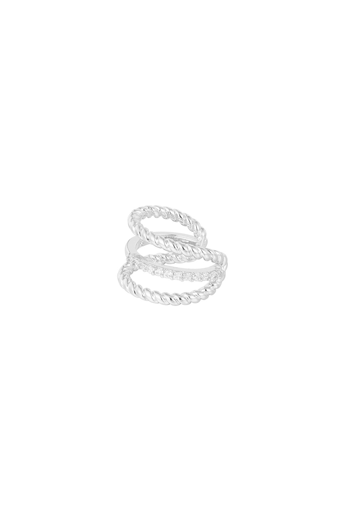 Fashion jewelry card displaying gold-tone triple twisted ear cuff with zirconium stones