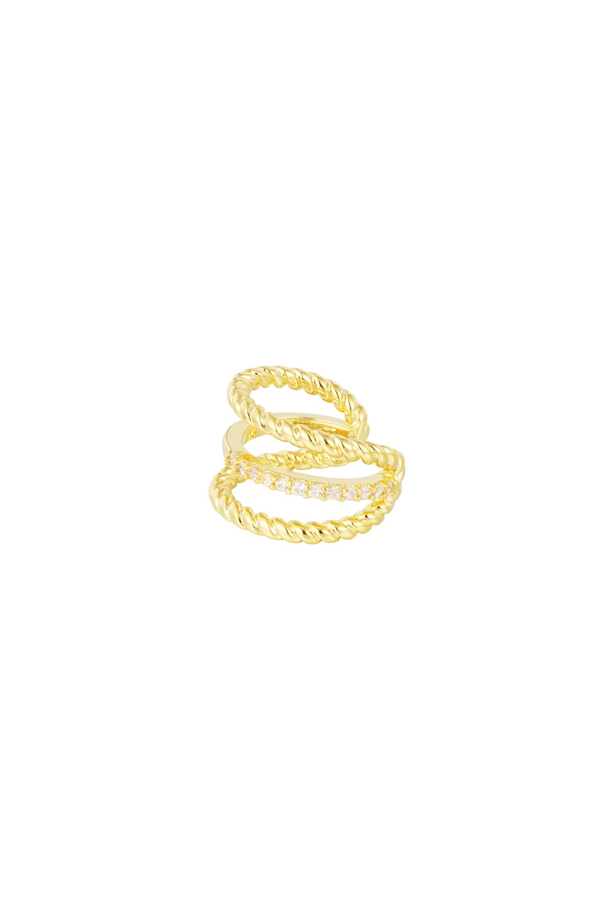 Close-up of a gold-tone triple twisted ear cuff with zirconium stones on white background