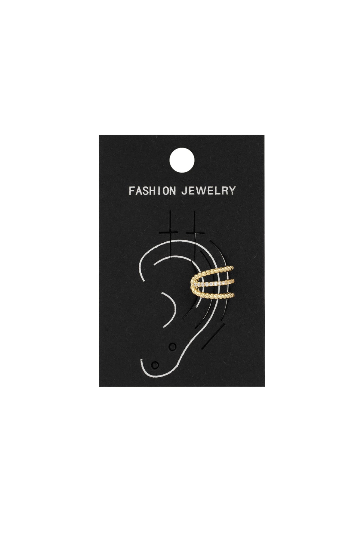 Triple twisted silver-tone ear cuff with zirconium stones shown on white background