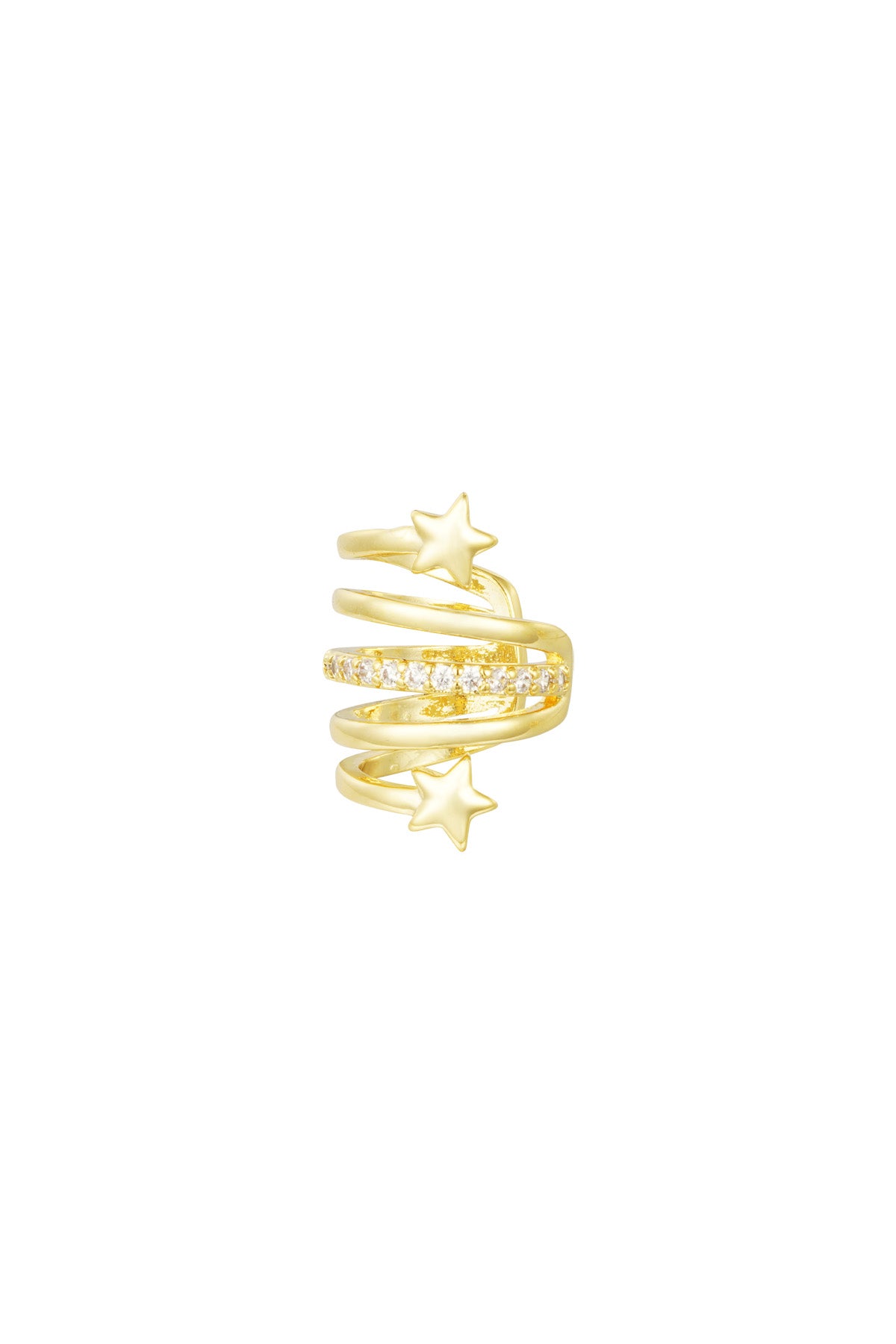 Gold-tone spiral ear cuff with two star shapes and a band of sparkling rhinestones