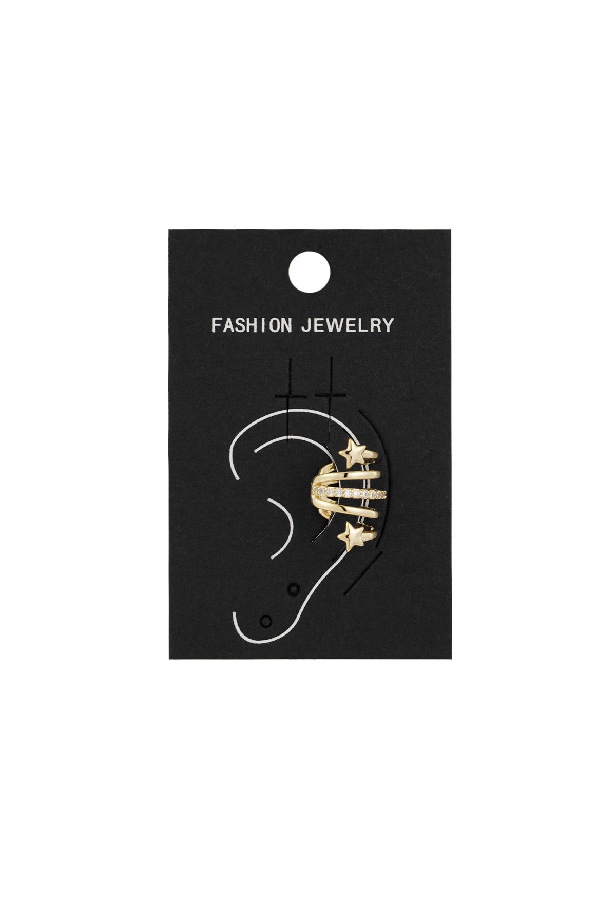 Black jewelry card displaying gold-tone spiral star ear cuff and rhinestone details