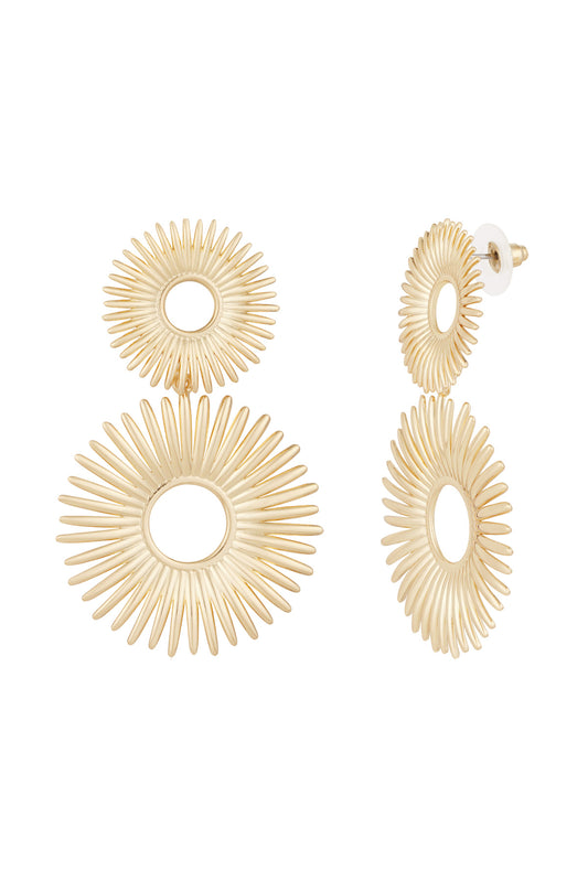 Pair of gold-tone double sunburst drop earrings with circular open centers shown front and side views