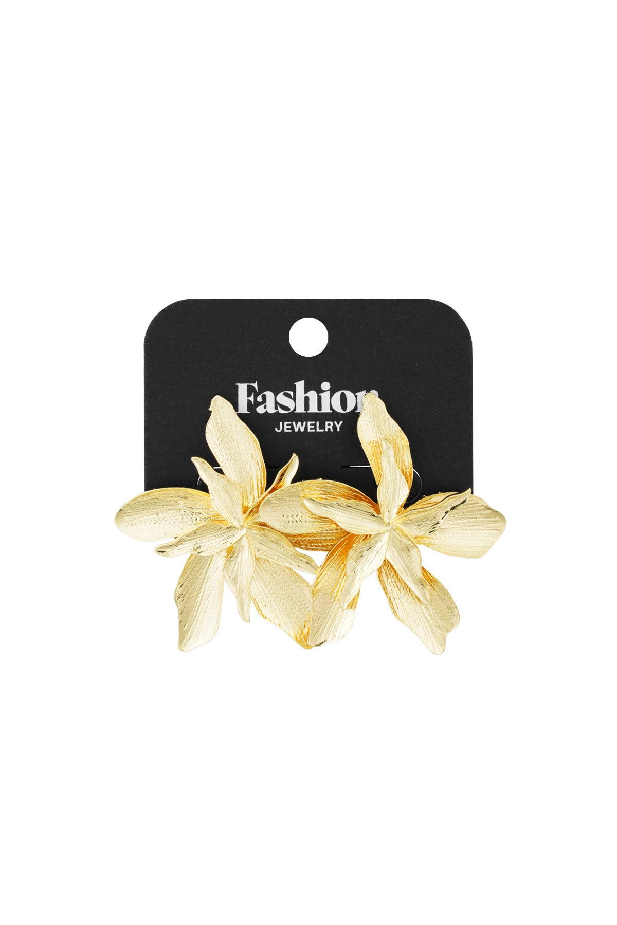 Gold flower stud earrings displayed on black 'Fashion Jewelry' card packaging