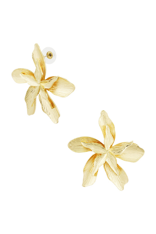 Close-up of gold flower-shaped stud earrings showing detailed textured petals on white background