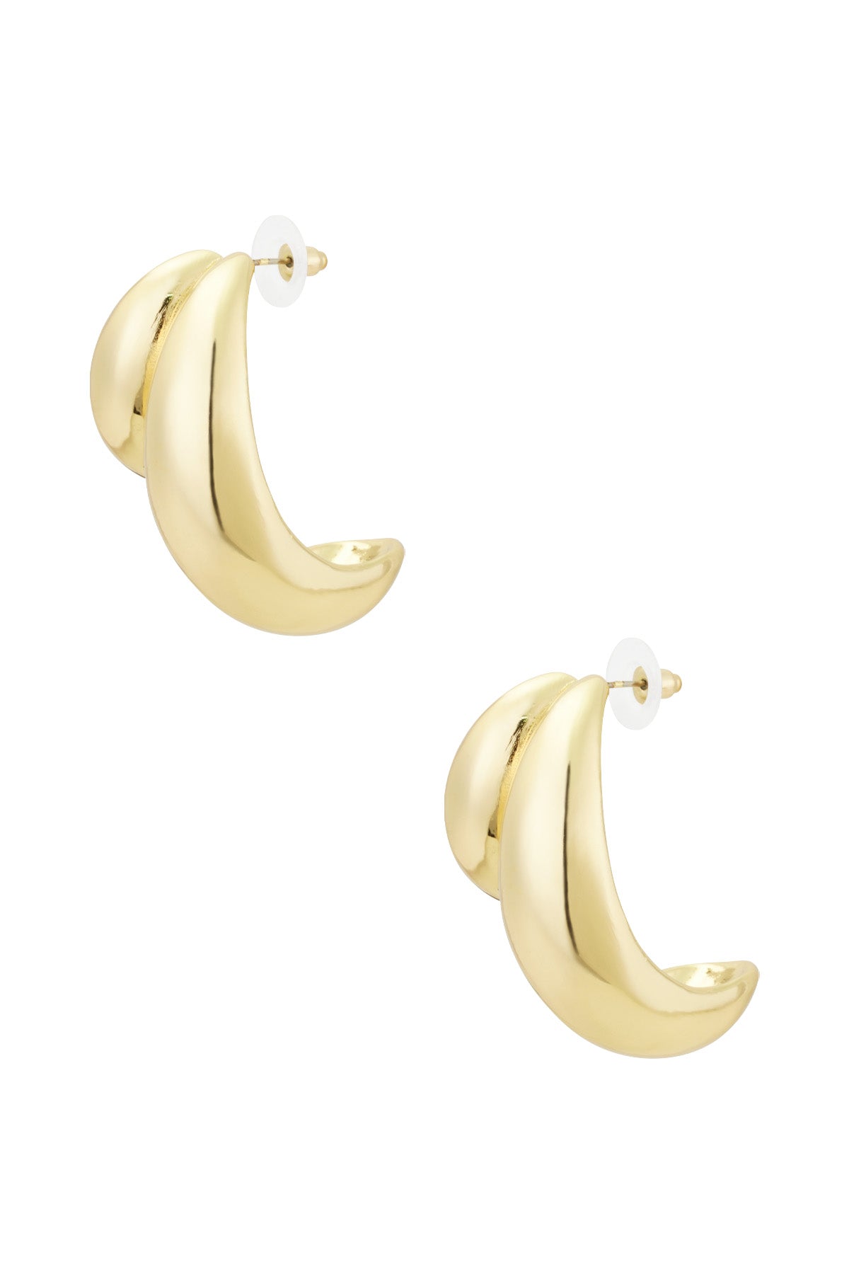Pair of chunky polished gold-tone hoop earrings with curved bulbous design on white background