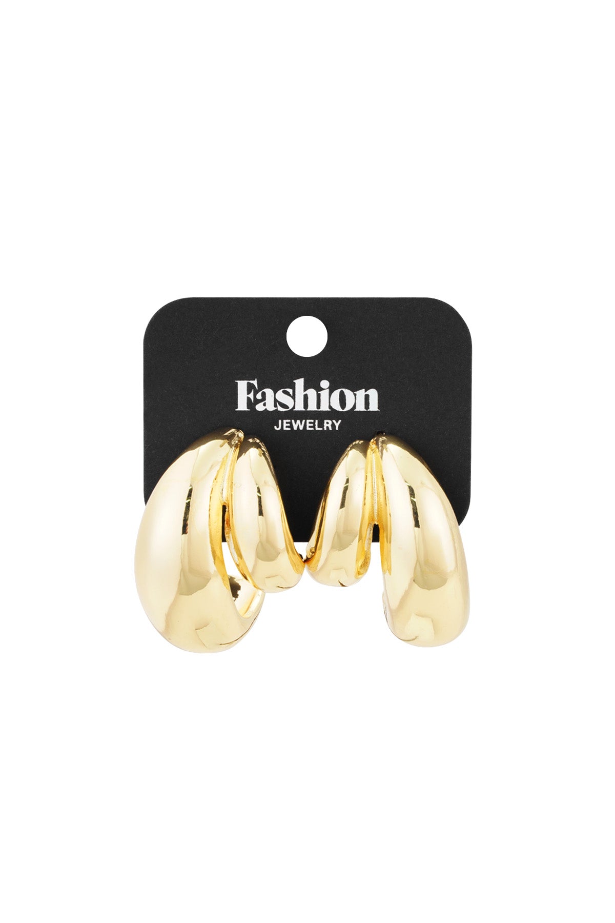 Chunky gold-tone hoop earrings displayed on black jewelry card labeled 'Fashion Jewelry' on white background