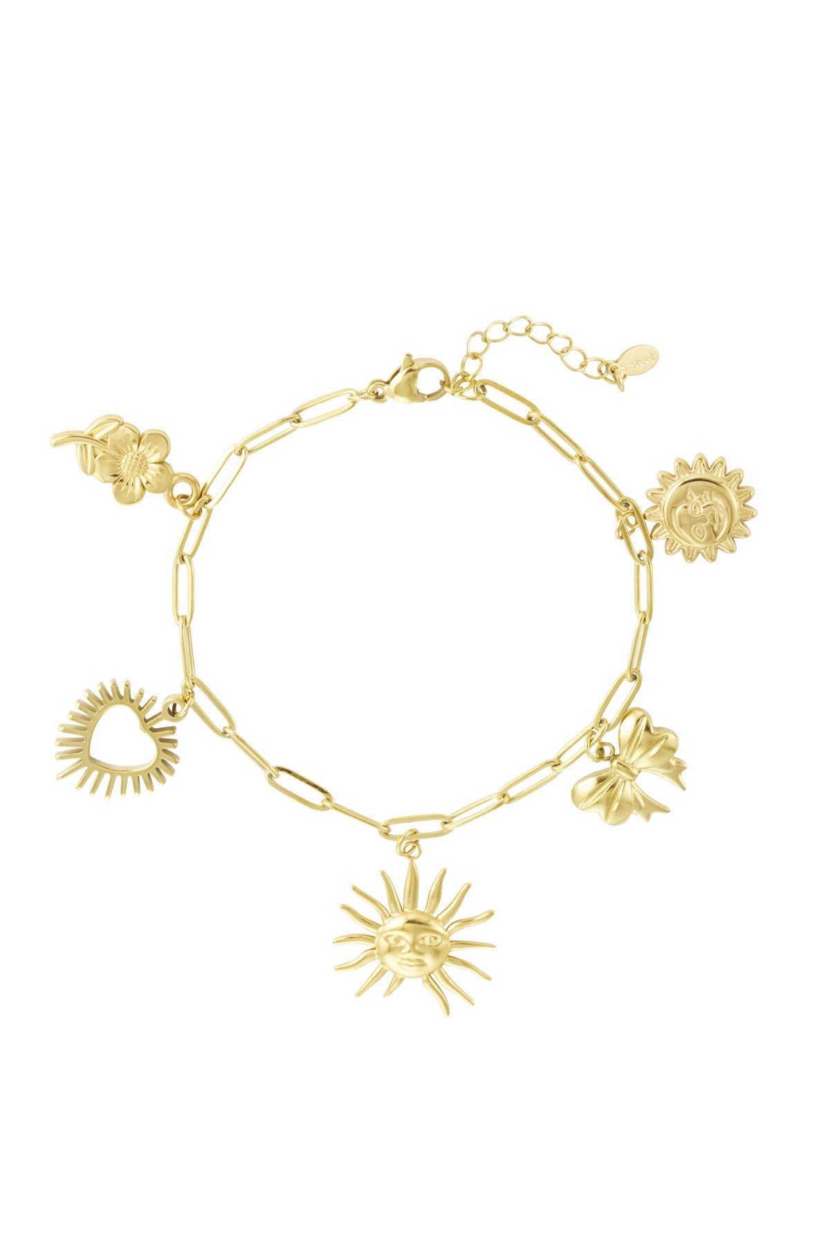 Gold-tone charm bracelet with sun, flower, heart, and bow charms laid flat on white background