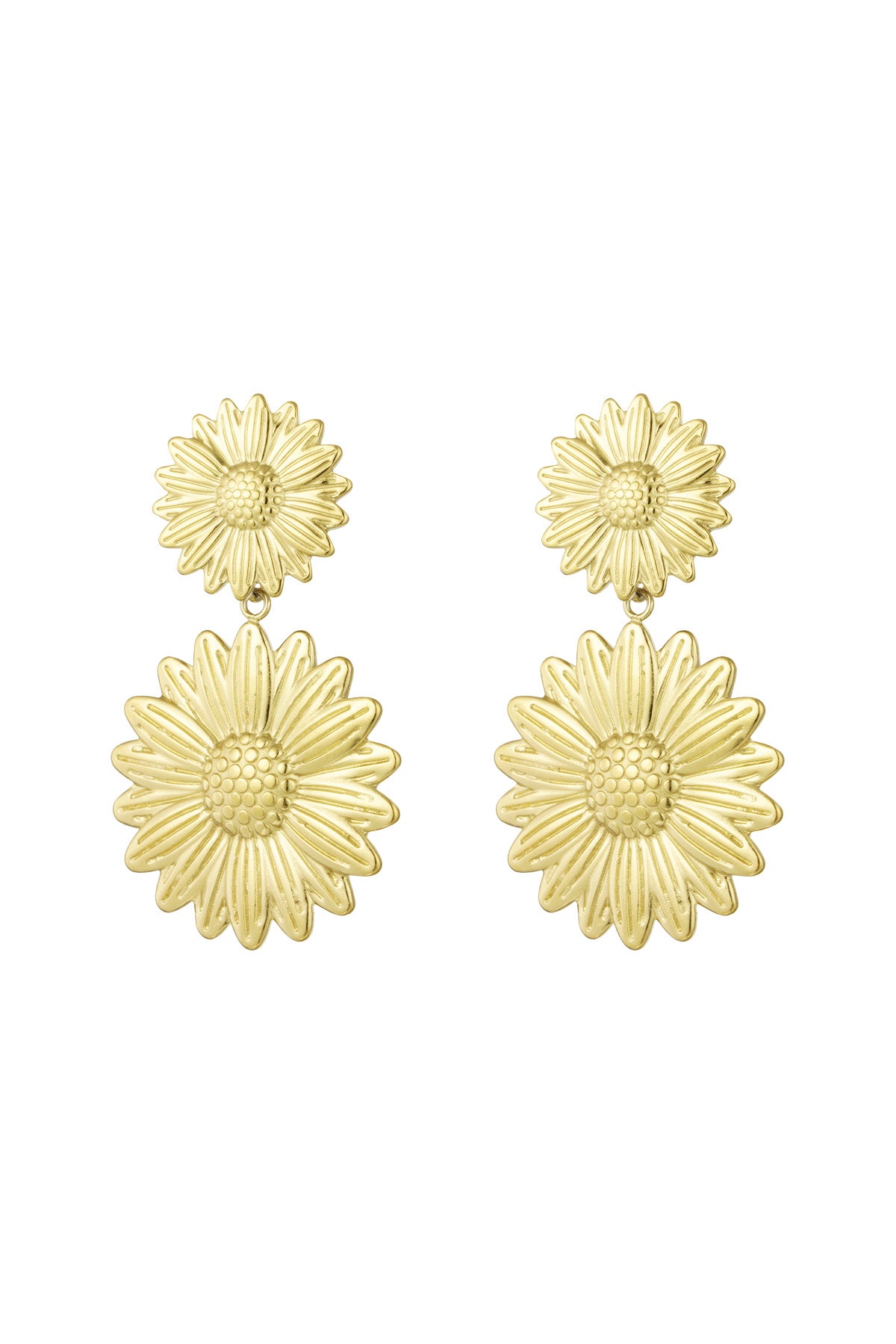 Pair of gold sunflower drop earrings with two-tier floral design on white background