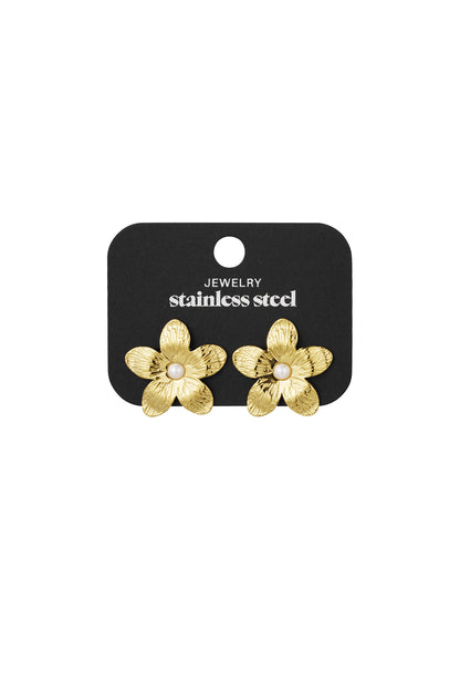 Gold-tone floral pearl stud earrings displayed on a black jewelry card labeled stainless steel