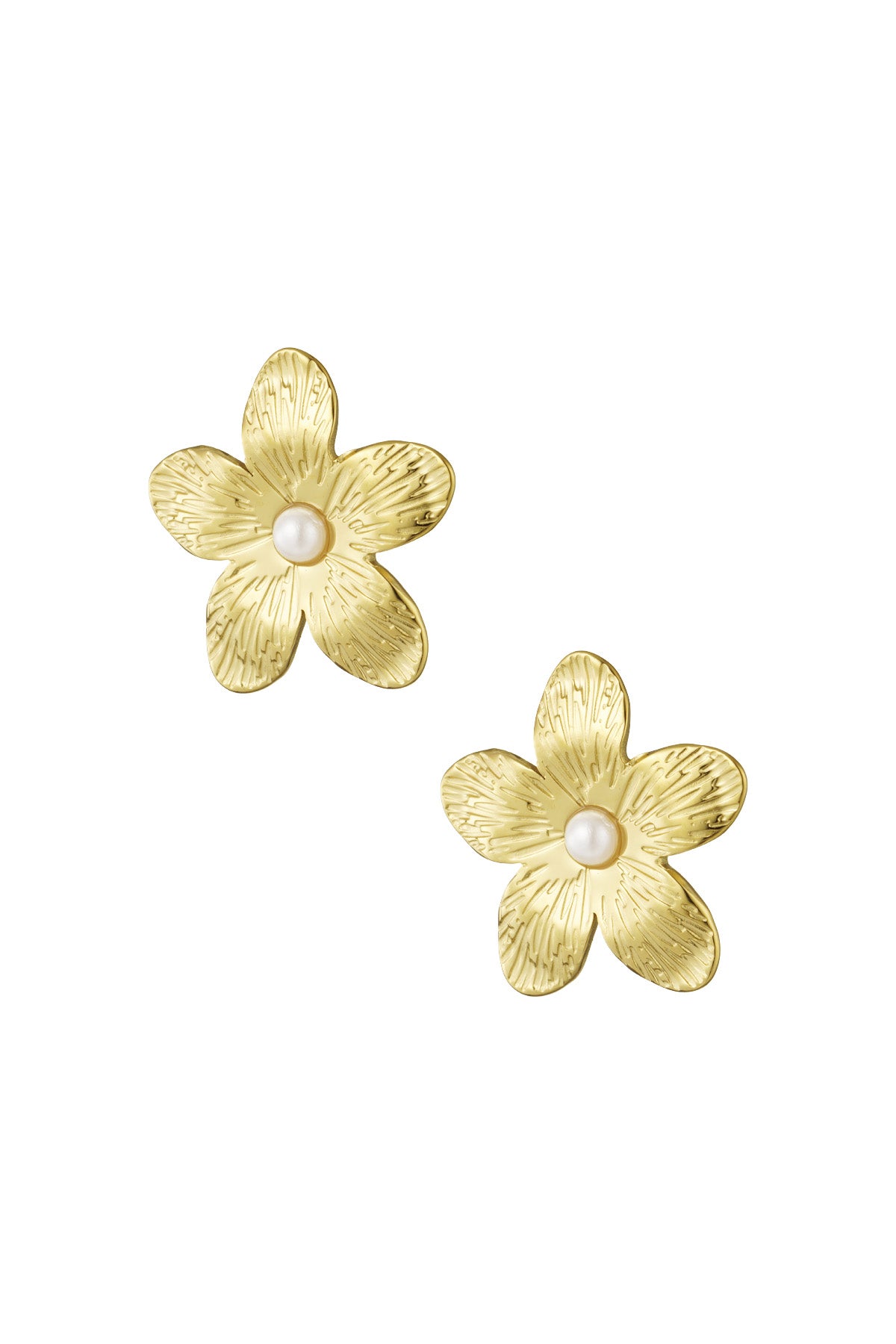 Pair of gold-tone flower-shaped stud earrings with textured petals and a pearl at the center on white background