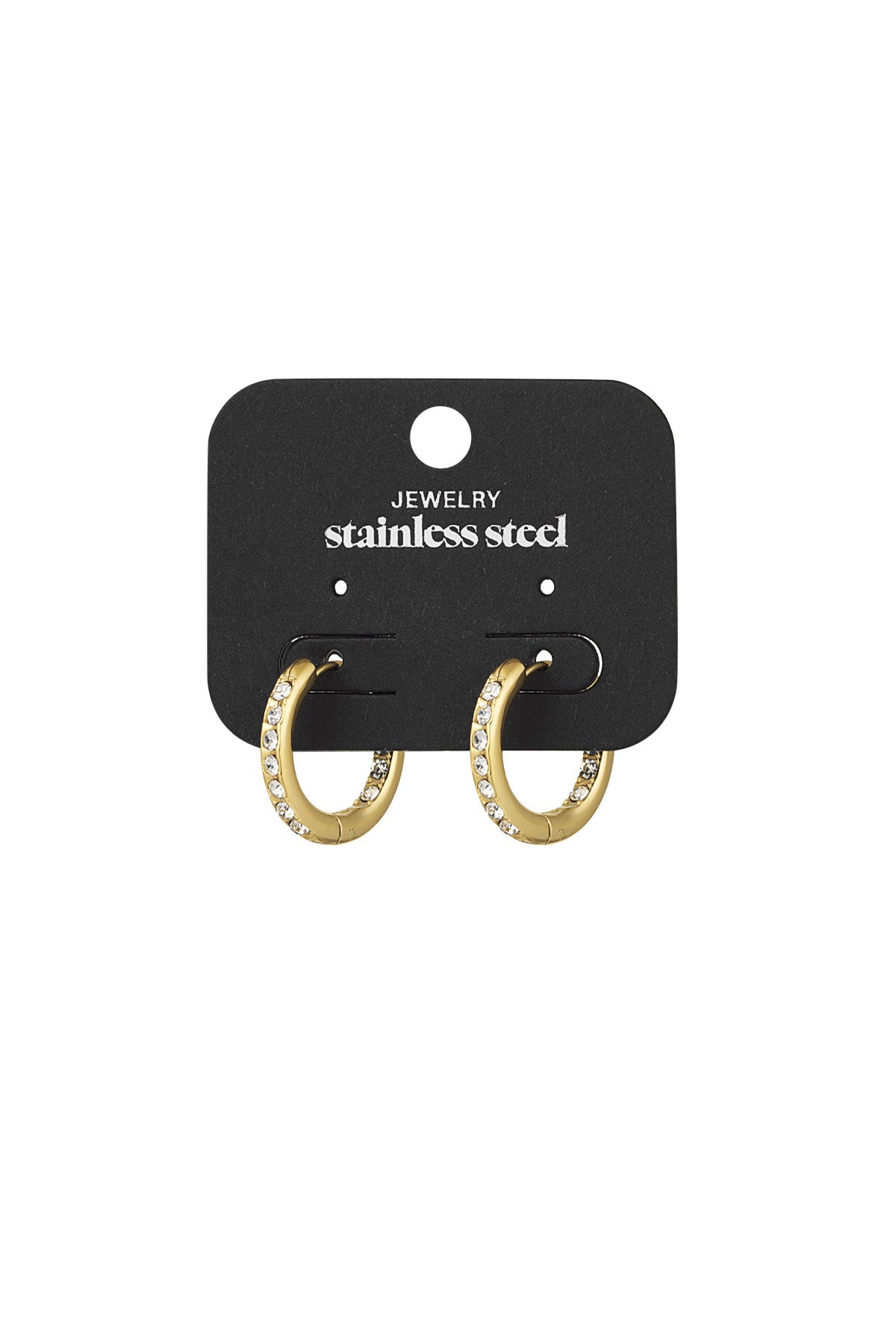 Gold crystal hoop earrings displayed on a black stainless steel jewelry card showcasing the brand