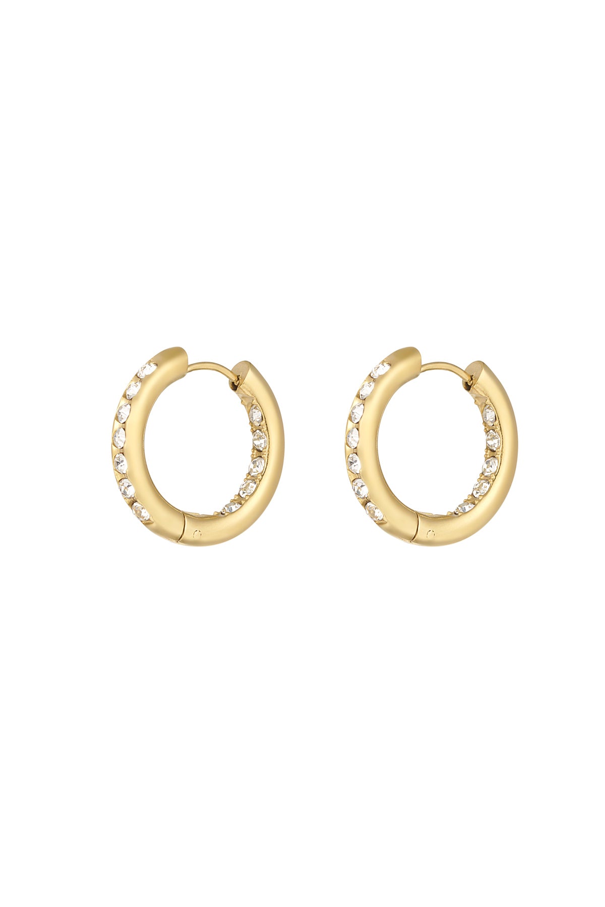 Pair of gold-tone stainless steel hoop earrings adorned with clear rhinestones on a white background