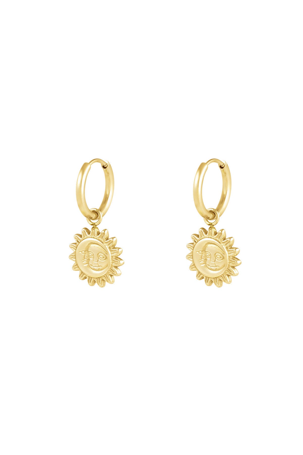 Gold hoop earrings with dangling sun-shaped charms featuring a smiling face design on a white background