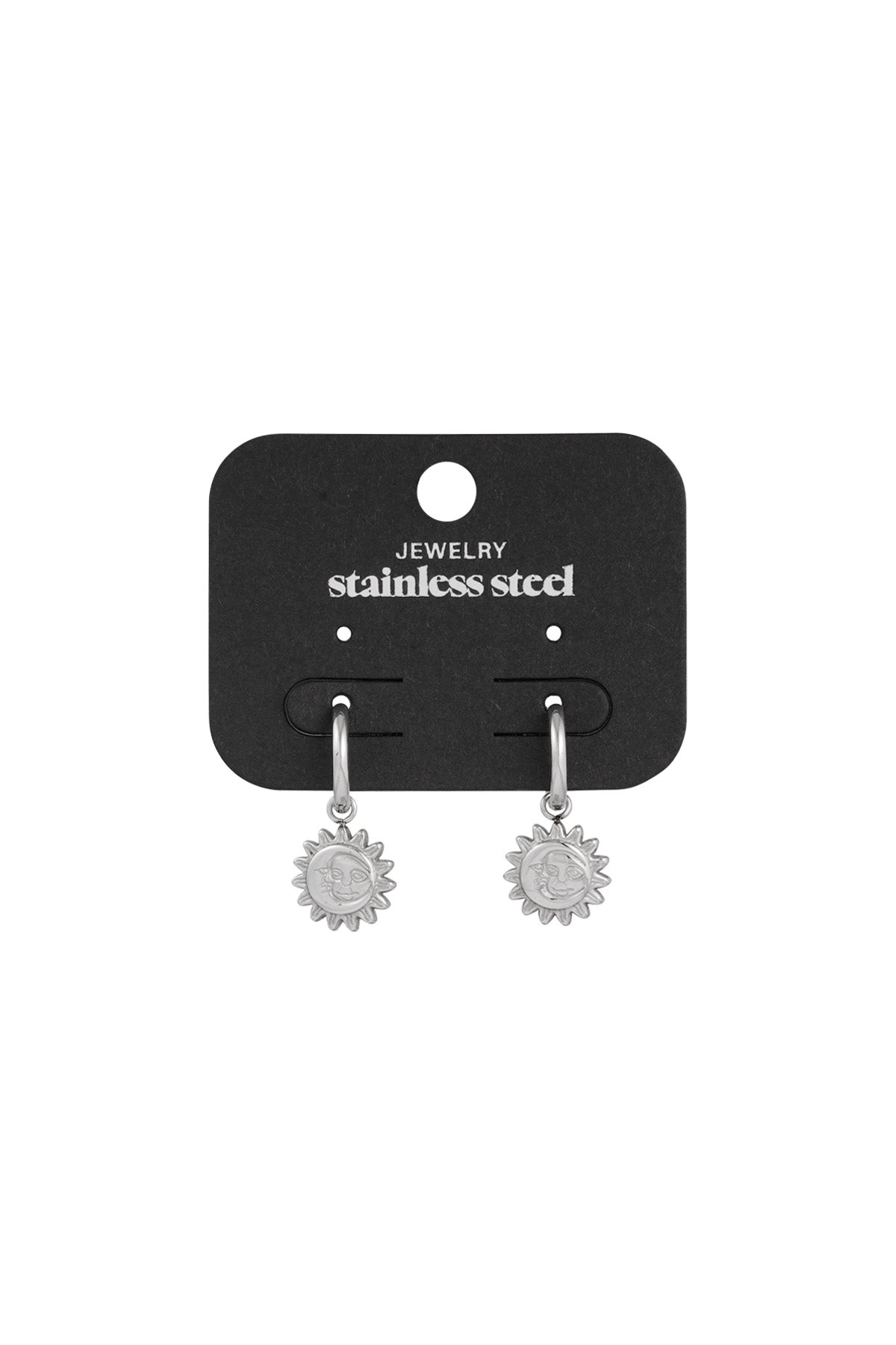 Silver sun charm hoop earrings displayed on a black jewelry card with 'stainless steel' written above