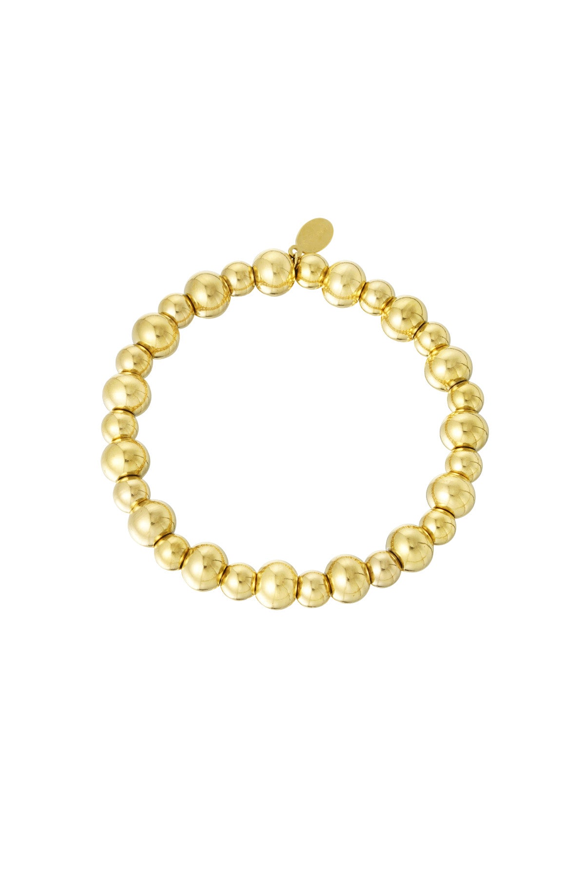 Golden beaded bracelet with alternating large and small polished round beads arranged in a circle on white background