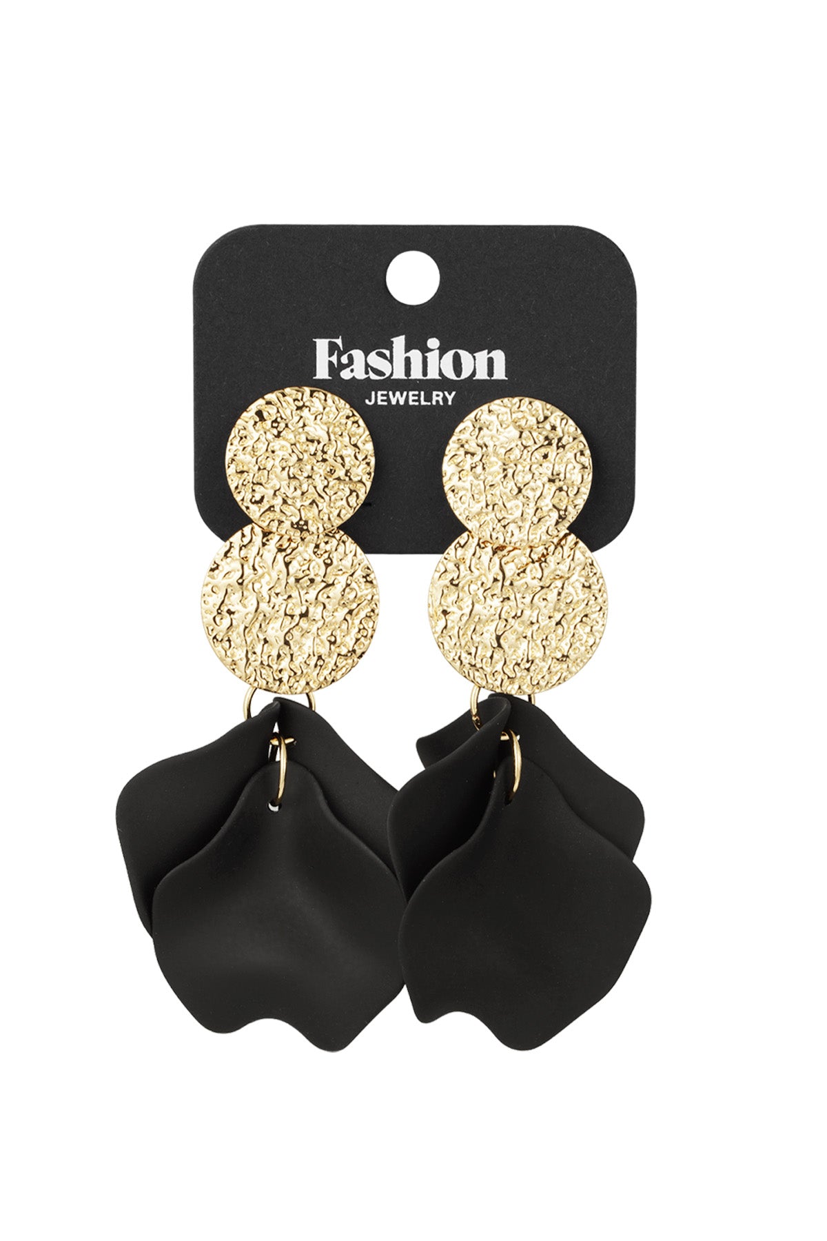 Pair of black petal drop earrings displayed on black Fashion Jewelry card