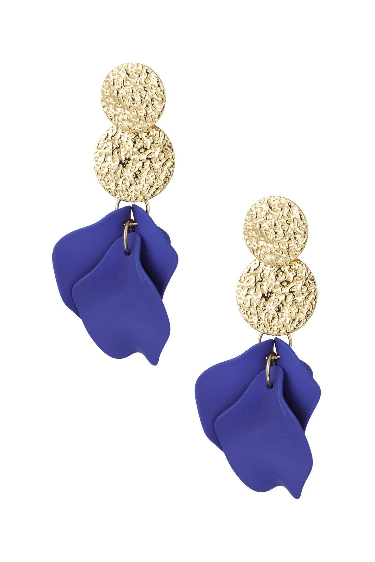 Drop earrings featuring textured gold discs with royal blue soft petal shapes