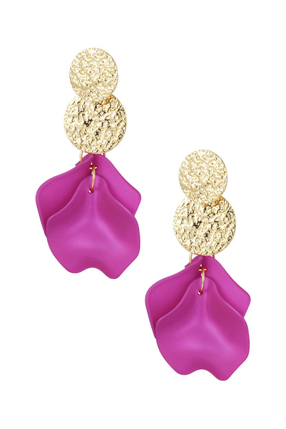 Drop earrings featuring textured gold discs with bright fuchsia soft petal shapes