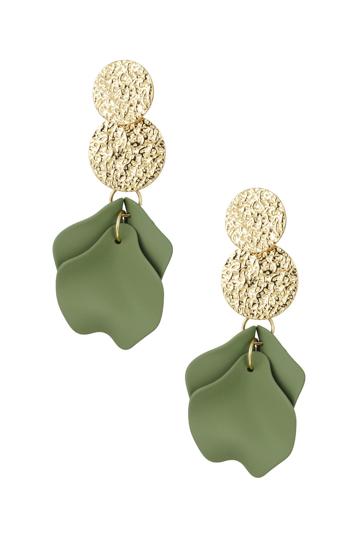 Drop earrings featuring textured gold discs with olive green soft petal shapes