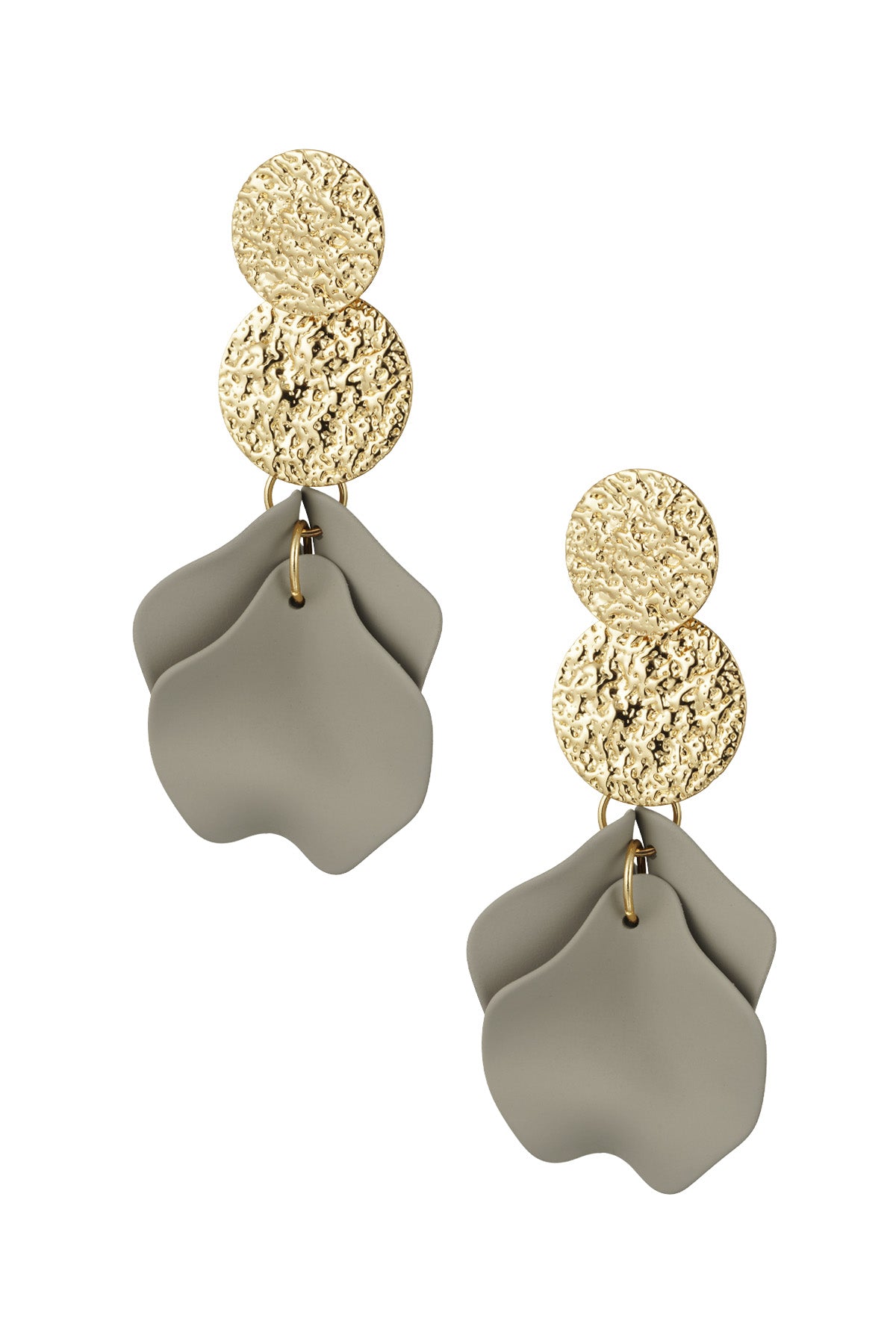 Drop earrings featuring textured gold discs with gray soft petal shapes