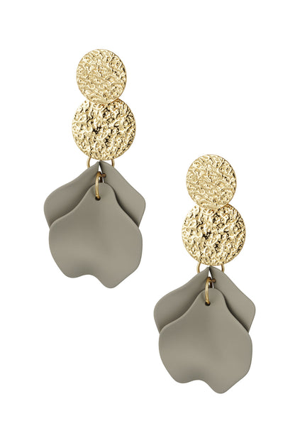 Drop earrings featuring textured gold discs with gray soft petal shapes