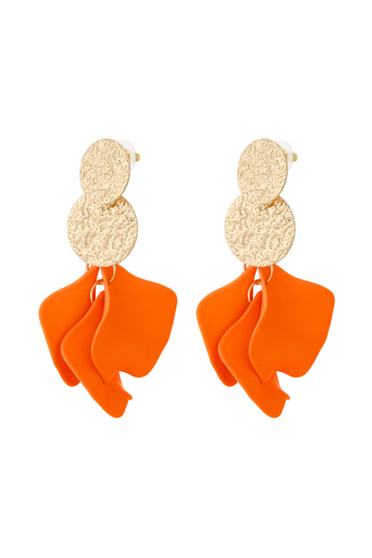 Drop earrings featuring textured gold discs with bright orange soft petal shapes