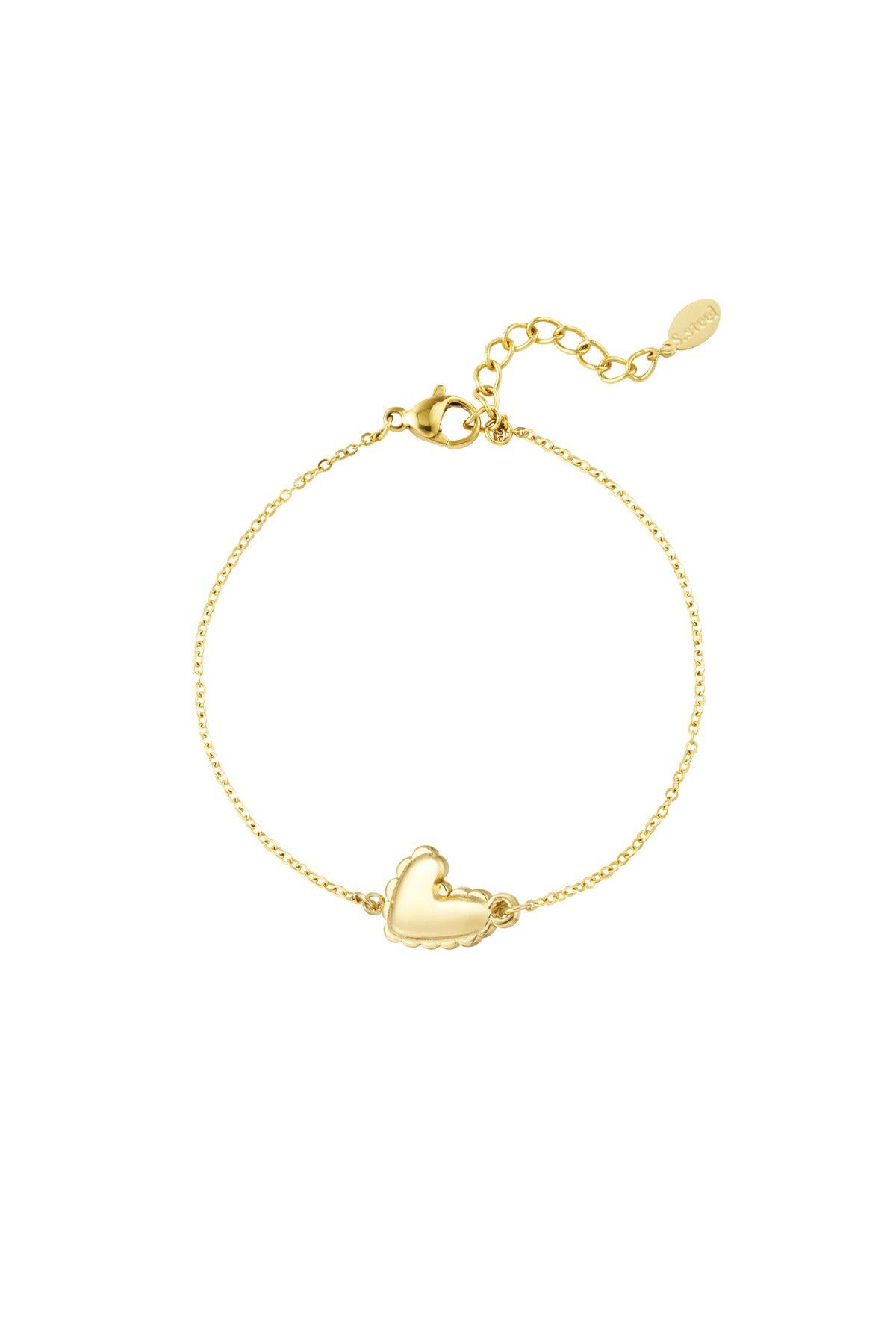 Gold heart detail bracelet with scalloped edges and adjustable chain on white background